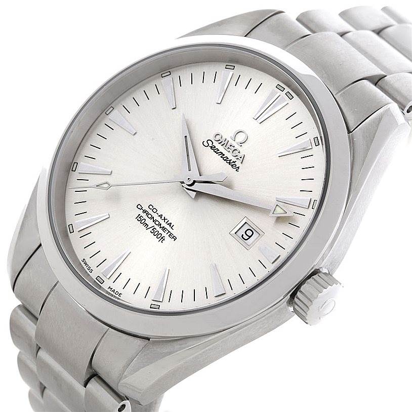 The Omega Aqua Terra 2502.30.00 Men's Stainless Steel Silver Dial 2502.30.00 Men's Stainless Steel Silver Dial watch is shown at an angled view displaying its face, bracelet, date window, and crown.