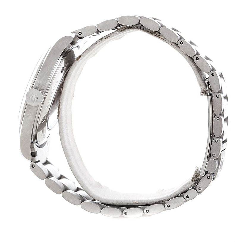 The image shows a side view of the Omega Aqua Terra 2502.30.00 Men's Stainless Steel Silver Dial 2502.30.00 Men's Stainless Steel Silver Dial watch, highlighting the case, crown, and metal bracelet.