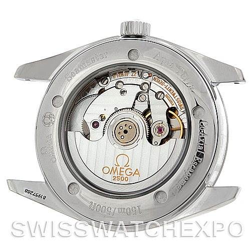 This image shows the back view of an Omega Aqua Terra 2503.50.000 Men
s Stainless Steel Black Dial 2503.50.000 Men
s Stainless Steel Black Dial watch, highlighting its internal movement and the Omega 2500 mechanism.