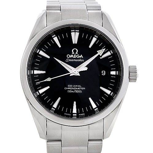 The image shows a front view of the Omega Seamaster Aqua Terra watch, highlighting its face, hands, and metal bracelet.
