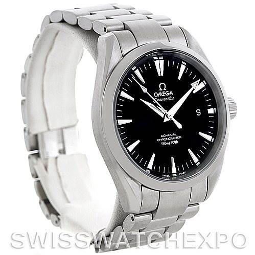 The image shows an Omega Aqua Terra 2503.50.000 Men
s Stainless Steel Black Dial 2503.50.000 Men
s Stainless Steel Black Dial watch at a 3/4 angle highlighting its face and stainless steel bracelet.