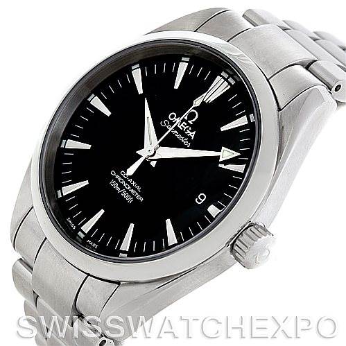 The image shows an angled view of the Omega Aqua Terra 2503.50.000 Men
s Stainless Steel Black Dial 2503.50.000 Men
s Stainless Steel Black Dial watch, highlighting its black dial, stainless steel case, and bracelet.