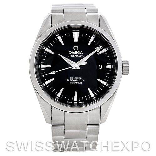 The Omega Aqua Terra 2503.50.000 Men
s Stainless Steel Black Dial 2503.50.000 Men
s Stainless Steel Black Dial watch is shown from a front angle, displaying its black dial, silver hour markers, hands, and stainless steel bracelet.