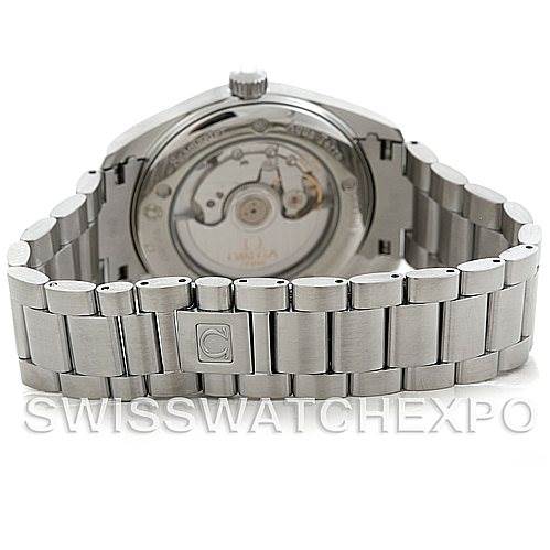 The image shows the back view of an Omega Aqua Terra 2503.50.000 Men
s Stainless Steel Black Dial 2503.50.000 Men
s Stainless Steel Black Dial watch, highlighting its stainless steel bracelet and exhibition case back.