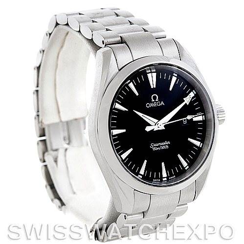 The Omega Aqua Terra 2517.50.00 Men's Stainless Steel Black Dial 2517.50.00 Men's Stainless Steel Black Dial watch is shown at a front-left angle, displaying the face, bezel, crown, and a portion of the bracelet.