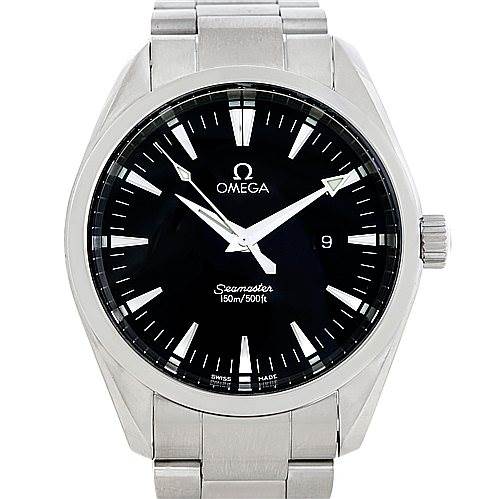 This image shows a front view of the Omega Aqua Terra 2517.50.00 Men's Stainless Steel Black Dial 2517.50.00 Men's Stainless Steel Black Dial watch, displaying its dial, hands, and part of its bracelet.