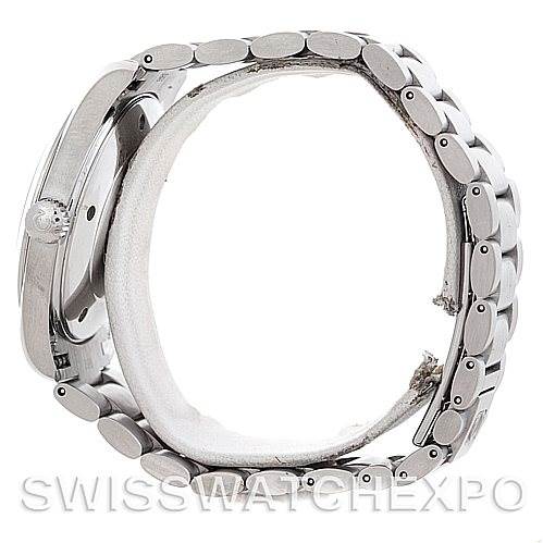 The image shows a side view of an Omega Aqua Terra 2517.50.00 Men's Stainless Steel Black Dial 2517.50.00 Men's Stainless Steel Black Dial watch, highlighting its stainless steel bracelet and partially its case.