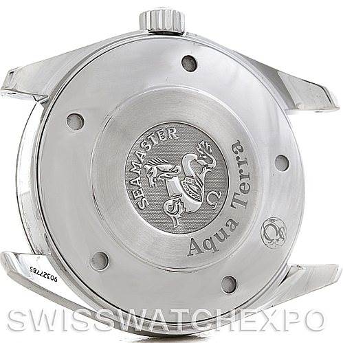 This image shows the back case of an Omega Aqua Terra 2517.50.00 Men's Stainless Steel Black Dial 2517.50.00 Men's Stainless Steel Black Dial watch, highlighting its engraving and logo.