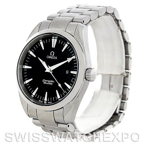 The image shows an Omega Aqua Terra 2517.50.00 Men's Stainless Steel Black Dial 2517.50.00 Men's Stainless Steel Black Dial watch from an angled side view, displaying its face, bezel, crown, and bracelet.
