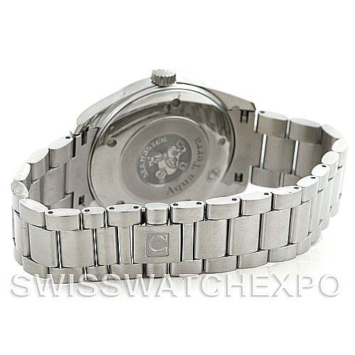 The image shows the back view of the Omega Aqua Terra 2517.50.00 Men's Stainless Steel Black Dial 2517.50.00 Men's Stainless Steel Black Dial watch, highlighting its stainless steel bracelet and case back.