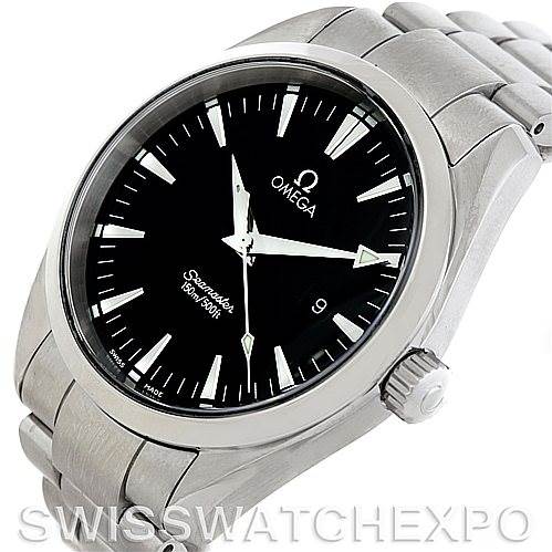 The image shows an Omega Aqua Terra 2517.50.00 Men's Stainless Steel Black Dial 2517.50.00 Men's Stainless Steel Black Dial watch at an angle highlighting the face, bezel, crown, and a portion of the bracelet.