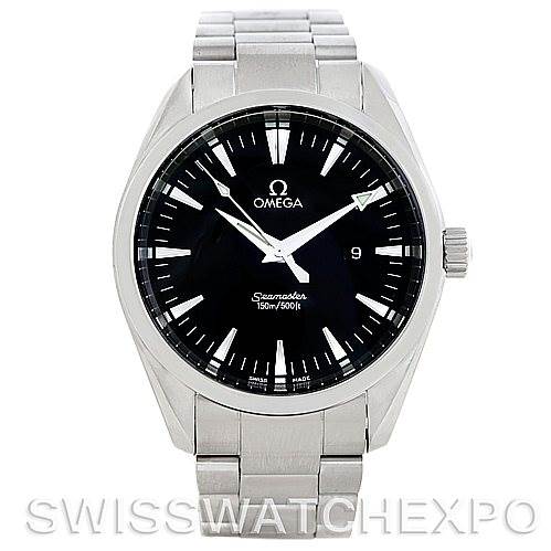 This image shows a front view of the Omega Aqua Terra 2517.50.00 Men's Stainless Steel Black Dial 2517.50.00 Men's Stainless Steel Black Dial watch, displaying the dial, hour markers, hands, and stainless steel bracelet.
