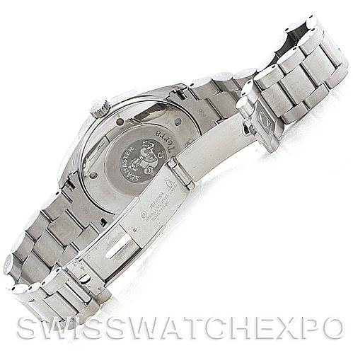 This Omega Aqua Terra 2517.50.00 Men's Stainless Steel Black Dial 2517.50.00 Men's Stainless Steel Black Dial watch is shown from the back, highlighting the stainless steel bracelet and clasp.