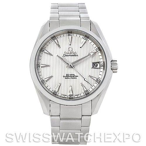 This image shows a front view of the Omega Seamaster Aqua Terra watch, displaying the face, case, and bracelet.