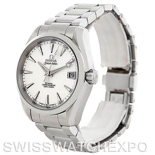 The image shows an Omega Aqua Terra 231.10.39.21.02.001 Men
s Stainless Steel Silver Dial 231.10.39.21.02.001 Men
s Stainless Steel Silver Dial watch at a slight side angle, highlighting the dial, bezel, crown, and metal bracelet.