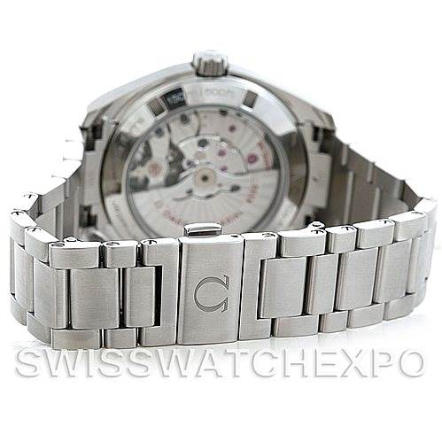 This image shows the back view of the Omega Aqua Terra 231.10.39.21.02.001 Men
s Stainless Steel Silver Dial 231.10.39.21.02.001 Men
s Stainless Steel Silver Dial watch, highlighting its stainless steel bracelet and automatic movement.