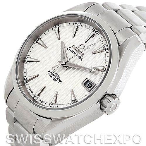 The image shows the Omega Aqua Terra 231.10.39.21.02.001 Men
s Stainless Steel Silver Dial 231.10.39.21.02.001 Men
s Stainless Steel Silver Dial watch from an angled top view, highlighting its dial, case, bracelet, and crown.