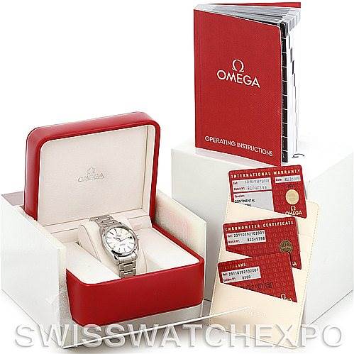This image displays the Omega Aqua Terra 231.10.39.21.02.001 Men
s Stainless Steel Silver Dial 231.10.39.21.02.001 Men
s Stainless Steel Silver Dial watch in its box, accompanied by the operating instructions and warranty cards.
