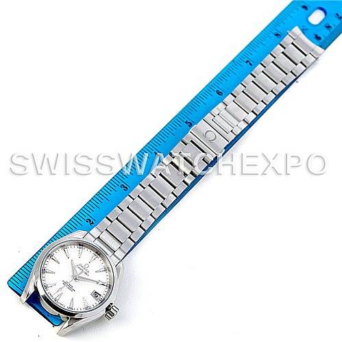 The image shows an Omega Aqua Terra 231.10.39.21.02.001 Men
s Stainless Steel Silver Dial 231.10.39.21.02.001 Men
s Stainless Steel Silver Dial watch laid flat next to a ruler, displaying its face, bracelet, and clasp.