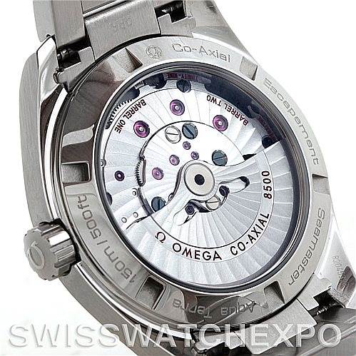 The image shows the back view of an Omega Aqua Terra 231.10.39.21.02.001 Men
s Stainless Steel Silver Dial 231.10.39.21.02.001 Men
s Stainless Steel Silver Dial watch, displaying its internal movement components.