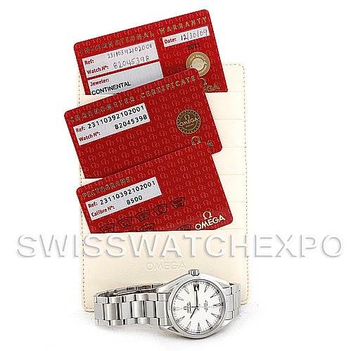 The image shows an Omega Aqua Terra 231.10.39.21.02.001 Men
s Stainless Steel Silver Dial 231.10.39.21.02.001 Men
s Stainless Steel Silver Dial watch and its warranty cards, displayed from a front angle on a flat surface.