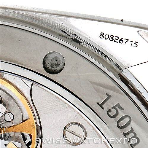 This image shows a close-up of the case back of an Omega Aqua Terra 2806.52.37 Men's Stainless Steel Black Dial 2806.52.37 Men's Stainless Steel Black Dial watch, highlighting the serial number and the "150m" water resistance marking.