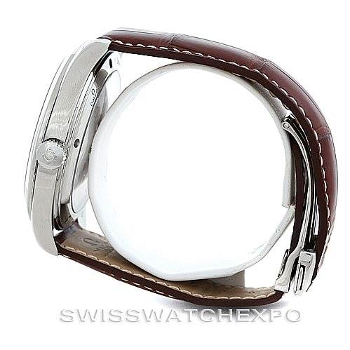 This image shows a side view of the Omega Aqua Terra 2806.52.37 Men's Stainless Steel Black Dial 2806.52.37 Men's Stainless Steel Black Dial watch, showcasing the watch case, crown, and leather strap.