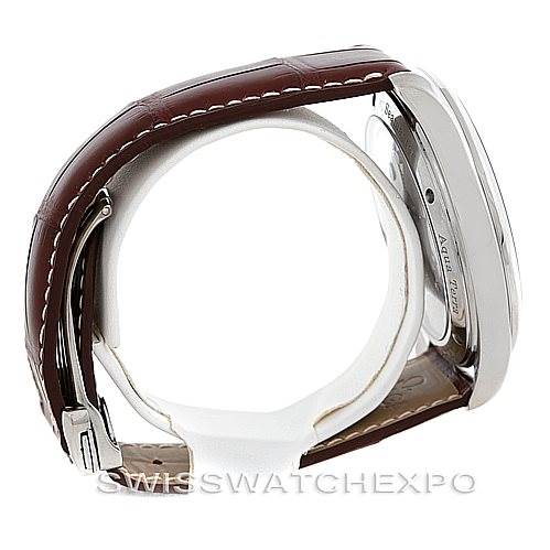 The image shows a side view of the Omega Aqua Terra 2806.52.37 Men's Stainless Steel Black Dial 2806.52.37 Men's Stainless Steel Black Dial watch, highlighting its case and brown leather strap.