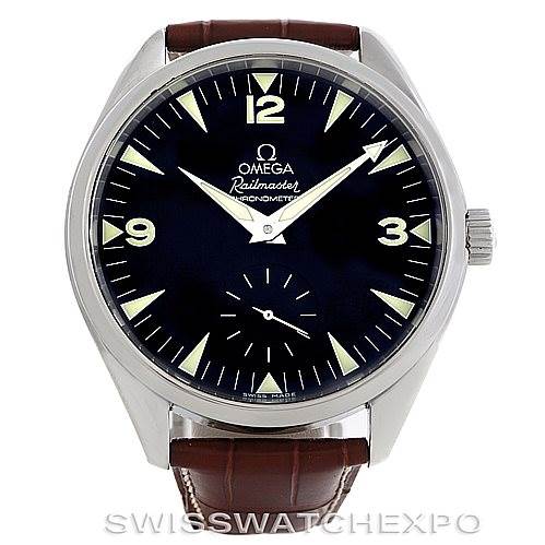 This image shows a frontal view of an Omega Aqua Terra 2806.52.37 Men's Stainless Steel Black Dial 2806.52.37 Men's Stainless Steel Black Dial Railmaster watch, displaying its face, dial, hands, and brown leather strap.