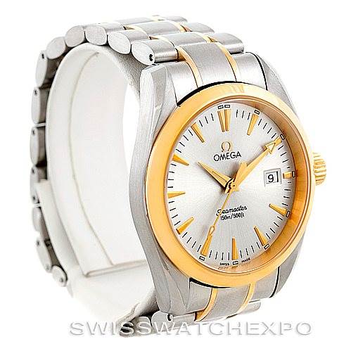 This image shows an angled view of the Omega Aqua Terra 2317.30.00 Men
s Stainless Steel Silver Dial 2317.30.00 Men
s Stainless Steel Silver Dial watch, highlighting its dial, bezel, crown, and bracelet.