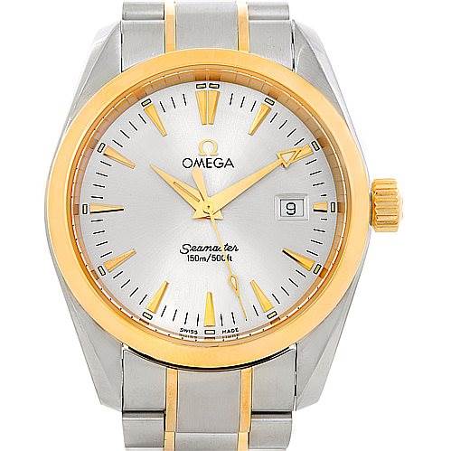 The image shows a front view of the Omega Aqua Terra 2317.30.00 Men
s Stainless Steel Silver Dial 2317.30.00 Men
s Stainless Steel Silver Dial Seamaster watch, displaying the dial, hands, date window, and part of the strap.