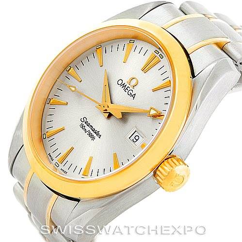 The image shows an Omega Aqua Terra 2317.30.00 Men
s Stainless Steel Silver Dial 2317.30.00 Men
s Stainless Steel Silver Dial watch at an angled view highlighting the face, bezel, crown, and partial bracelet.