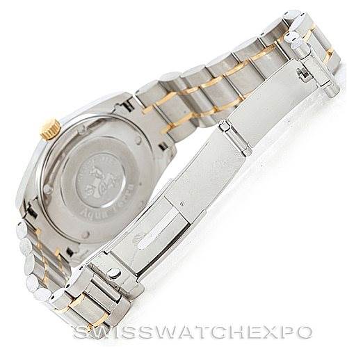 This Aqua Terra Omega watch image shows the back case and the deployment clasp from an angled rear view.