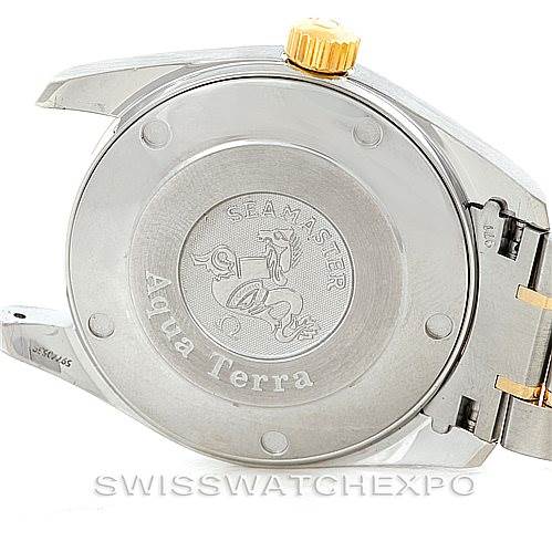 The image shows the back case and side view of an Omega Aqua Terra 2317.30.00 Men
s Stainless Steel Silver Dial 2317.30.00 Men
s Stainless Steel Silver Dial watch, including the brand engraving and crown.