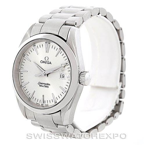 The image shows a front angled view of the Omega Aqua Terra 2518.30.00 Men
s Stainless Steel Silver Dial 2518.30.00 Men
s Stainless Steel Silver Dial watch, highlighting its face, crown, case, and bracelet.