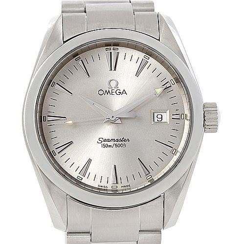 The image shows a front view of the Omega Aqua Terra 2518.30.00 Men
s Stainless Steel Silver Dial 2518.30.00 Men
s Stainless Steel Silver Dial watch, highlighting its face, hands, date window, and part of its metal bracelet.