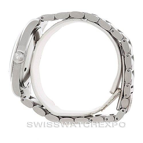 The image shows a side view of the Omega Aqua Terra 2518.30.00 Men
s Stainless Steel Silver Dial 2518.30.00 Men
s Stainless Steel Silver Dial watch, displaying its bracelet, clasp, and crown.