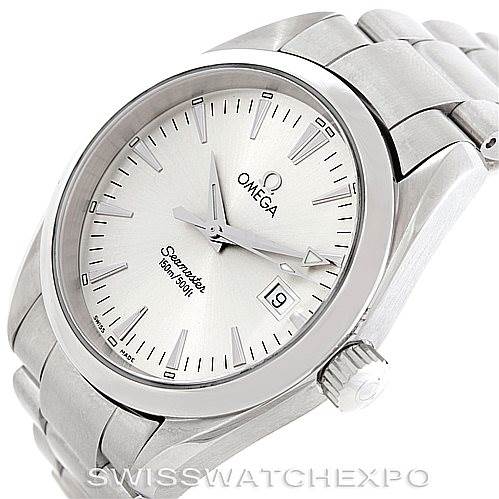 The image shows an Omega Aqua Terra 2518.30.00 Men
s Stainless Steel Silver Dial 2518.30.00 Men
s Stainless Steel Silver Dial watch in a three-quarter angle, highlighting its face, bezel, crown, and part of the bracelet.