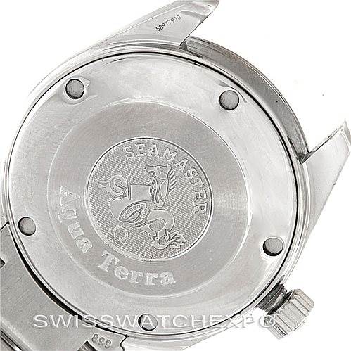 This image shows the back case and crown of an Omega Aqua Terra 2518.30.00 Men
s Stainless Steel Silver Dial 2518.30.00 Men
s Stainless Steel Silver Dial watch from an angled rear view.