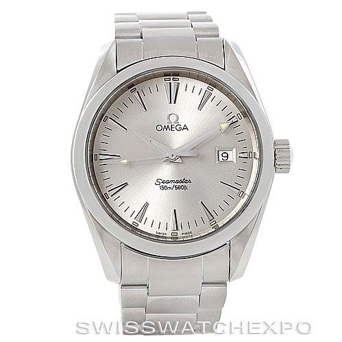 This image shows the front view of the Omega Aqua Terra 2518.30.00 Men
s Stainless Steel Silver Dial 2518.30.00 Men
s Stainless Steel Silver Dial watch, highlighting its dial, hands, date window, and bracelet.