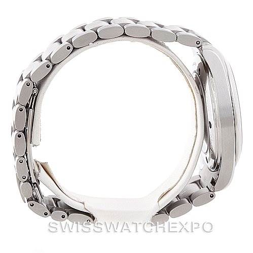 This side view of the Omega Aqua Terra 2503.52.00 Men
s Stainless Steel Black Dial 2503.52.00 Men
s Stainless Steel Black Dial watch shows the watch case and metal bracelet.