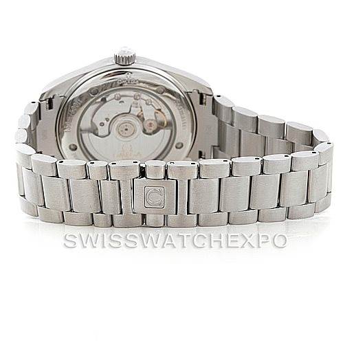 This image shows the back view of the Omega Aqua Terra 2503.52.00 Men
s Stainless Steel Black Dial 2503.52.00 Men
s Stainless Steel Black Dial watch, highlighting its metal bracelet and visible movement through the transparent case back.