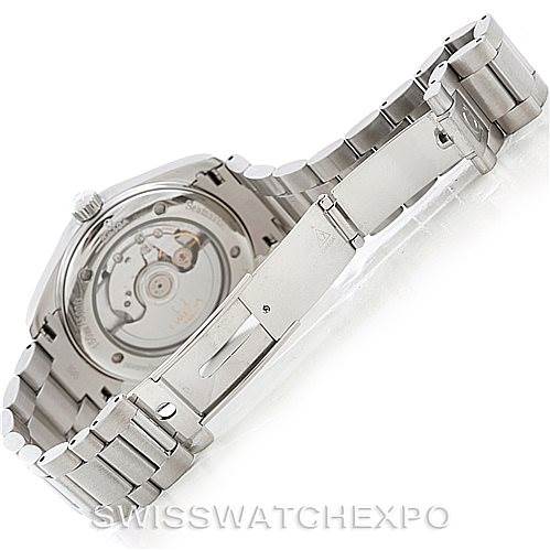 This image shows the back view of the Omega Aqua Terra 2503.52.00 Men
s Stainless Steel Black Dial 2503.52.00 Men
s Stainless Steel Black Dial watch, highlighting the case back, movement, and metal bracelet.