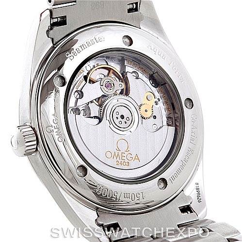 This image shows the open case back of an Omega Aqua Terra 2503.52.00 Men
s Stainless Steel Black Dial 2503.52.00 Men
s Stainless Steel Black Dial watch, highlighting the intricate movement and gears.