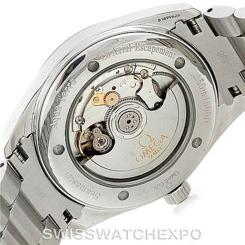 The image shows the back view of an Omega Aqua Terra 2503.52.00 Men
s Stainless Steel Black Dial 2503.52.00 Men
s Stainless Steel Black Dial watch, displaying its exposed mechanical movement and stainless steel bracelet.