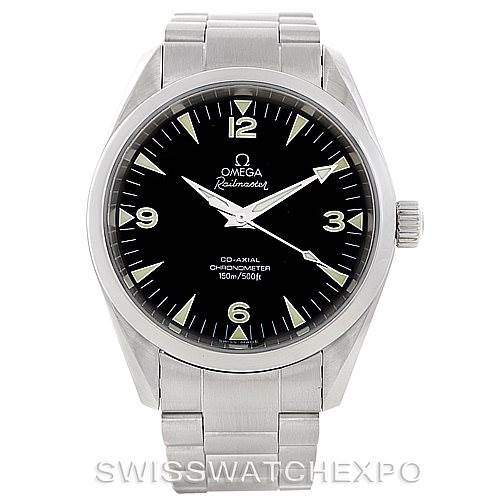 The image shows a front view of the Omega Aqua Terra 2503.52.00 Men
s Stainless Steel Black Dial 2503.52.00 Men
s Stainless Steel Black Dial Railmaster watch, highlighting the dial, case, crown, and bracelet.