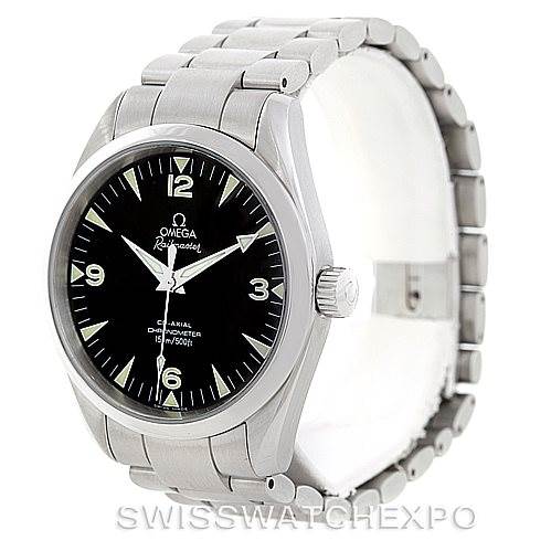 This image shows a front and side view of the Omega Aqua Terra 2503.52.00 Men
s Stainless Steel Black Dial 2503.52.00 Men
s Stainless Steel Black Dial watch, highlighting the dial, bezel, crown, and bracelet.