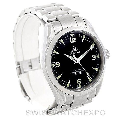 This image shows a frontal angle of the Omega Aqua Terra 2503.52.00 Men
s Stainless Steel Black Dial 2503.52.00 Men
s Stainless Steel Black Dial Railmaster watch, highlighting its black dial, stainless steel case, and bracelet.