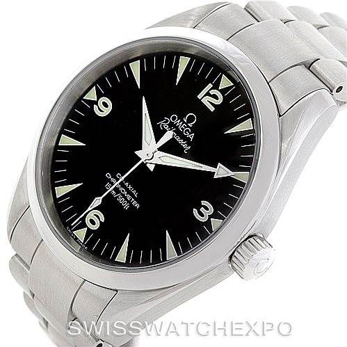 The image shows an Omega Aqua Terra 2503.52.00 Men
s Stainless Steel Black Dial 2503.52.00 Men
s Stainless Steel Black Dial watch at an angled top-down view, displaying the dial, bezel, crown, and part of the bracelet.