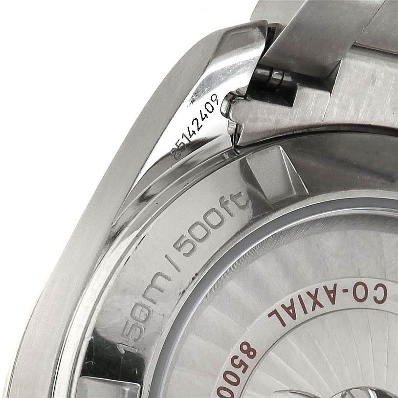 The image shows a close-up angle of the case back of an Omega Aqua Terra 231.10.39.21.02.001 Men
s Stainless Steel Silver Dial 231.10.39.21.02.001 Men
s Stainless Steel Silver Dial watch, highlighting the water resistance rating.